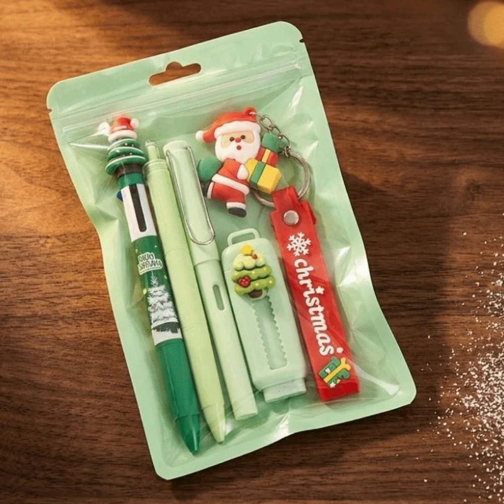 5Pcs/Set 4-color Ballpoint Pen Christmas Stationery Set Highlighter Pen Pencils Christmas Learning Gift Box Correction Tape