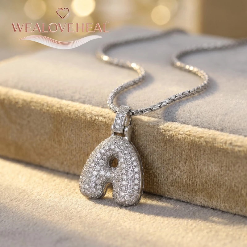 Rhodium-Plattierte A-Z Bubble Initial-Halskette, Puff-Ballon-Buchstaben-Anhänger-Halsketten mit Zirkonia, Hip-Hop-Schmuck-Geschenk für Frauen und Männer – Detail 15
