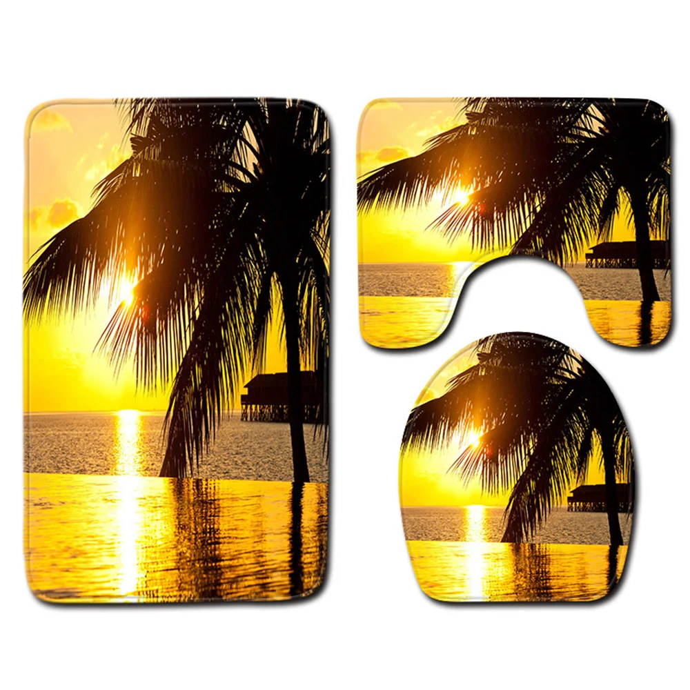 

Beach Beach Sunset View Bathroom Set Beach Sunset Palm Tree View Bathroom Carpet U-shaped Toilet Mat Home Decor Super Soft