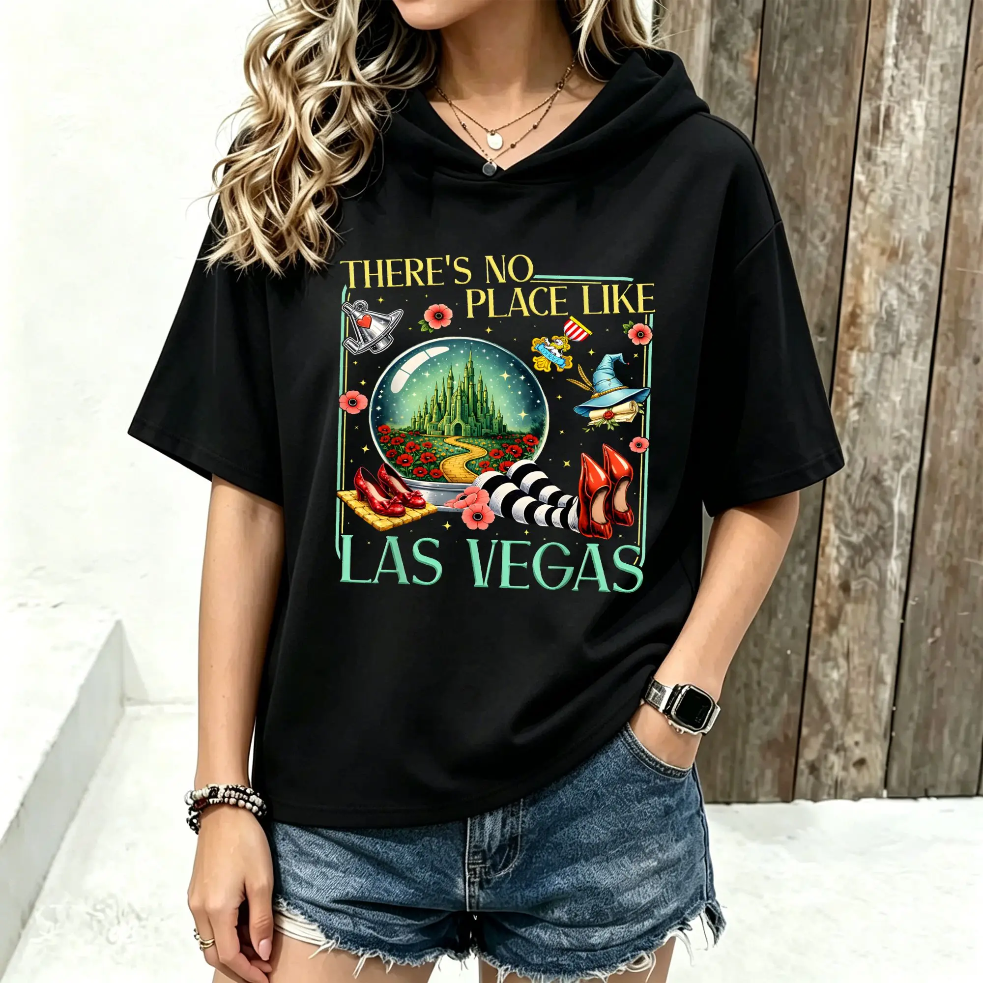 Women Short Sleeve Hoodie Fantasy Magic Castle Graphic Print Spring Summer Casual Hooded Tee