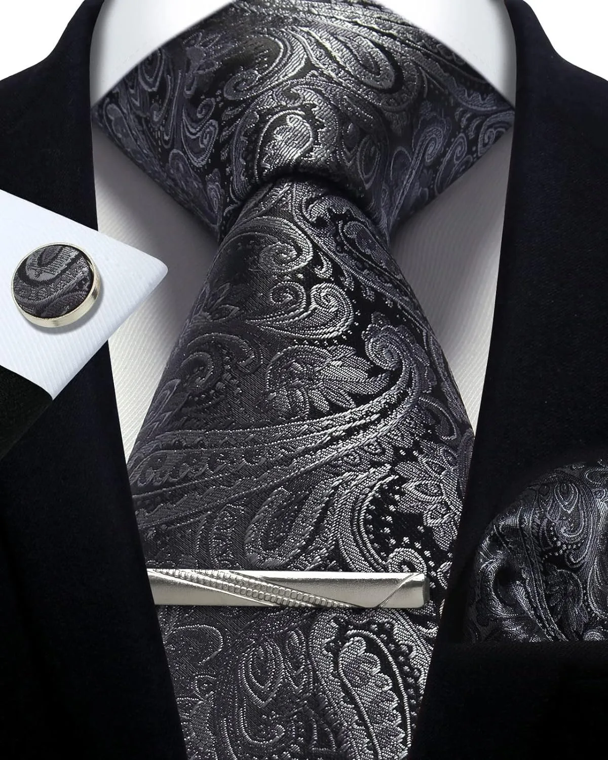 Mens Tie Set Silk Silver Paisley Floral Necktie and Pocket Square Cufflinks Tie Clip Classic Formal Ties for Men Wedding Party