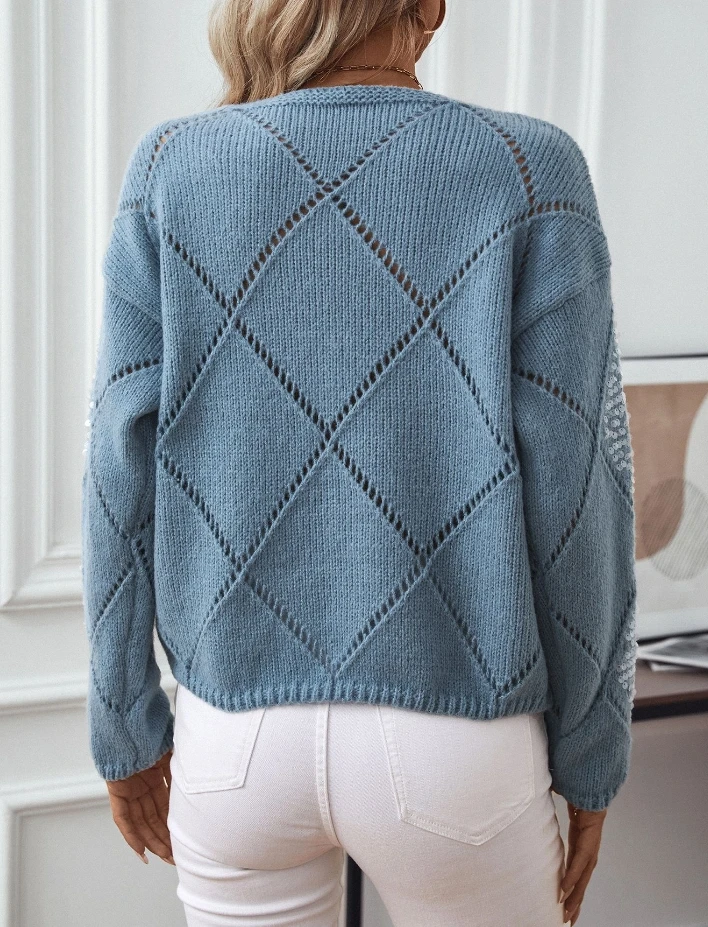 Elegant Sweater for Women Autumn Vintage Fashion Hollowed Out Sequin Knit Sweater Diamond Grid Pullover Loose Sweater