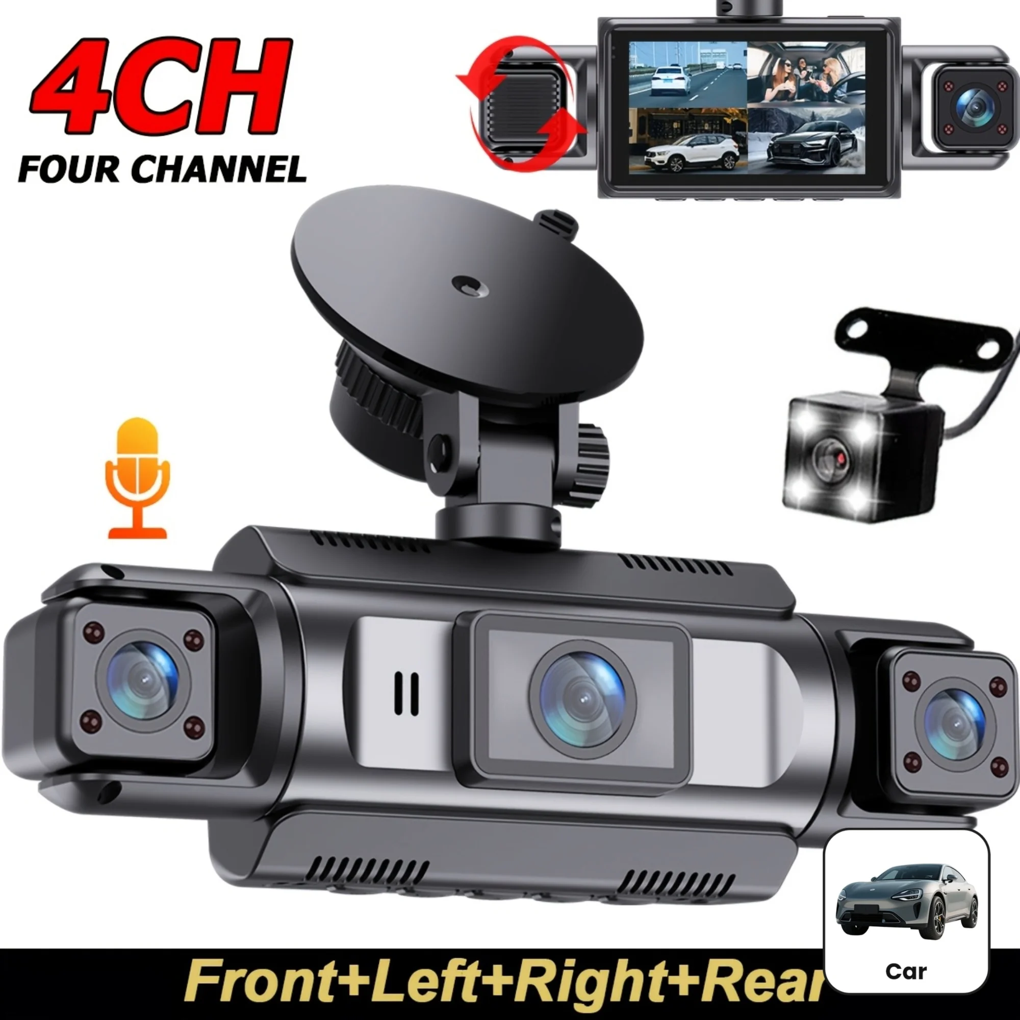 4 Channel Dash Cam Front 1080P and 3 Way 720P Left Right Rear Car Driving Recorder 24/7 Parking Monitor Night Vision DVR Camera
