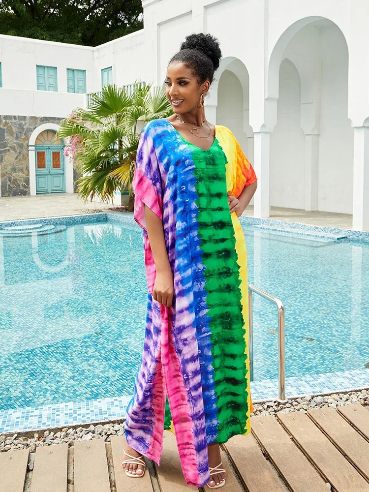 Vestido Kaftan colorido feminino, plus size, robe de rayon, roupa de banho para cobrir, vestido maxi leve, túnica para praia, 2020