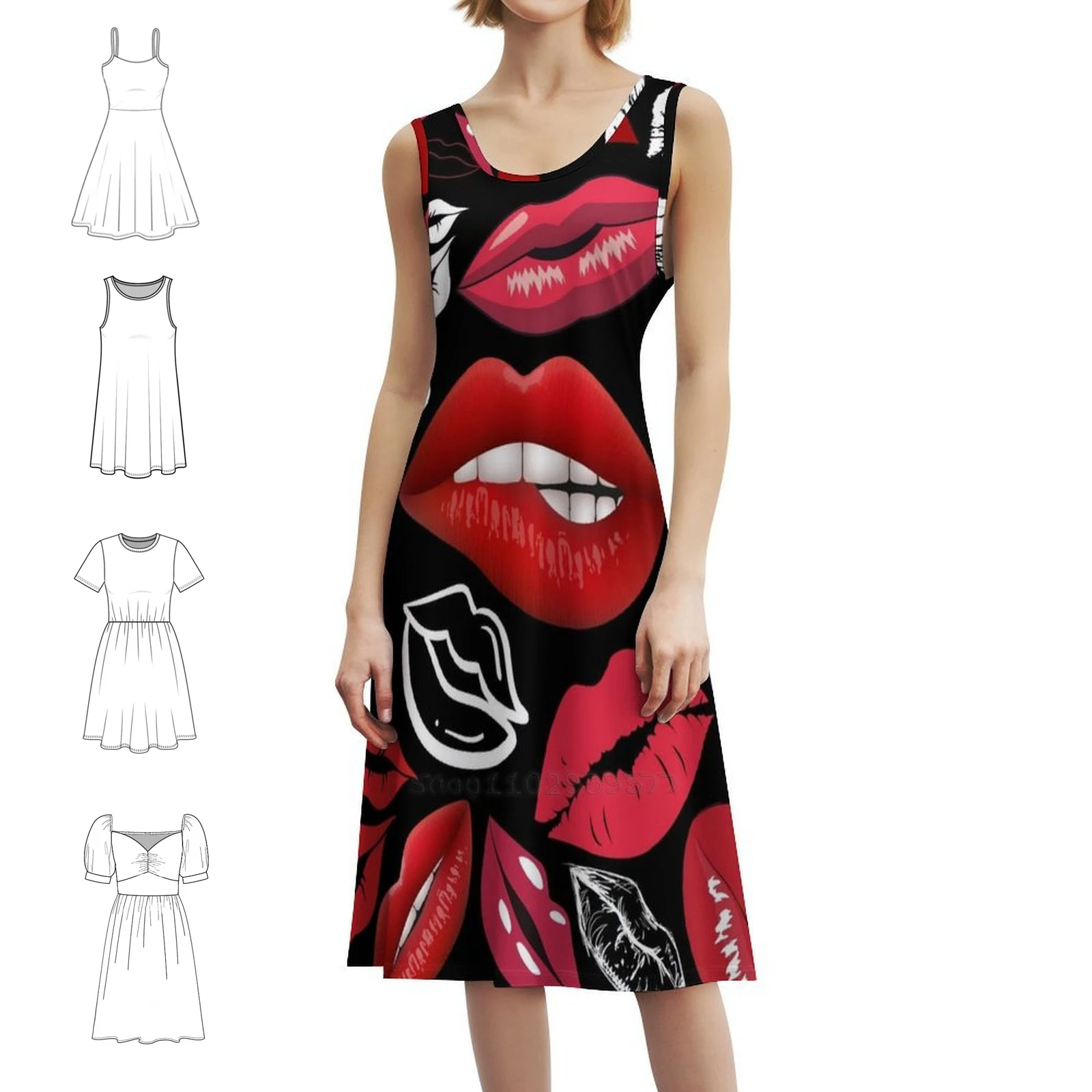 

Красно-белые губы Kissy с черным фоном. Платье с вырезом в форме сердца. Элегантное летнее праздничное платье для женщин. Красный, белый цвет.