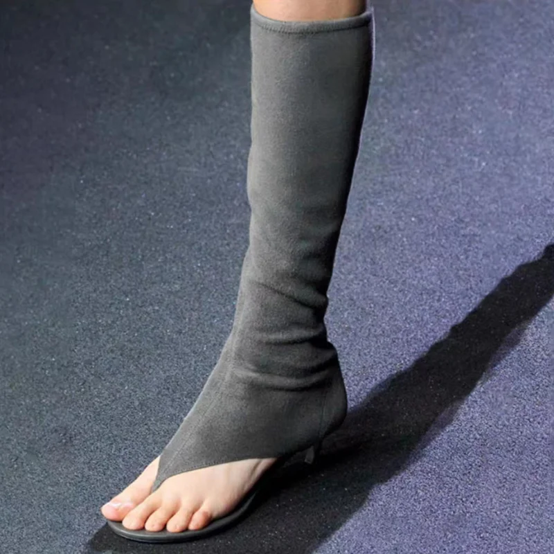 

Clip Toe Women Summer Boots Sandals Side Zipper Cover Low Heels Black Leather Suede Female Modern Boots