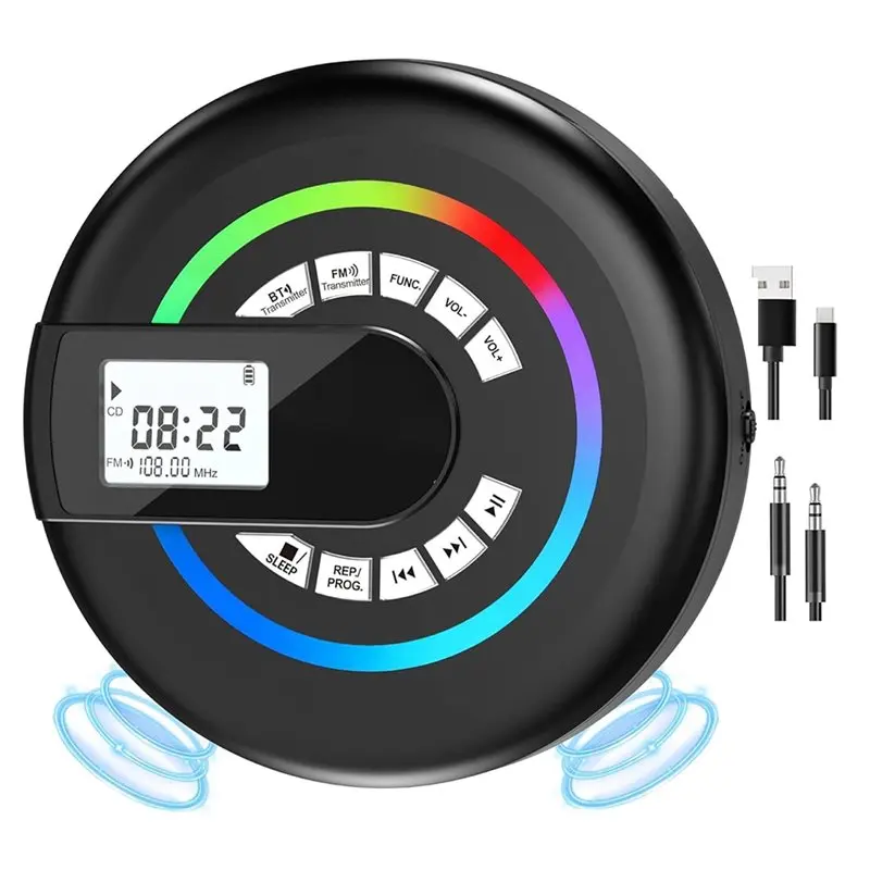 

Portable CD Player With Speaker Bluetooth Disman For Car With FM Transmitter,AUX/USB Supported, LCD Display RGB Light