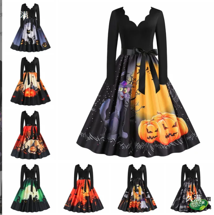 loween Fly Costume Court Dr Pumpkin Outfit Kids Long Skirt High Waist Bell Sve round Ne Gown for Children