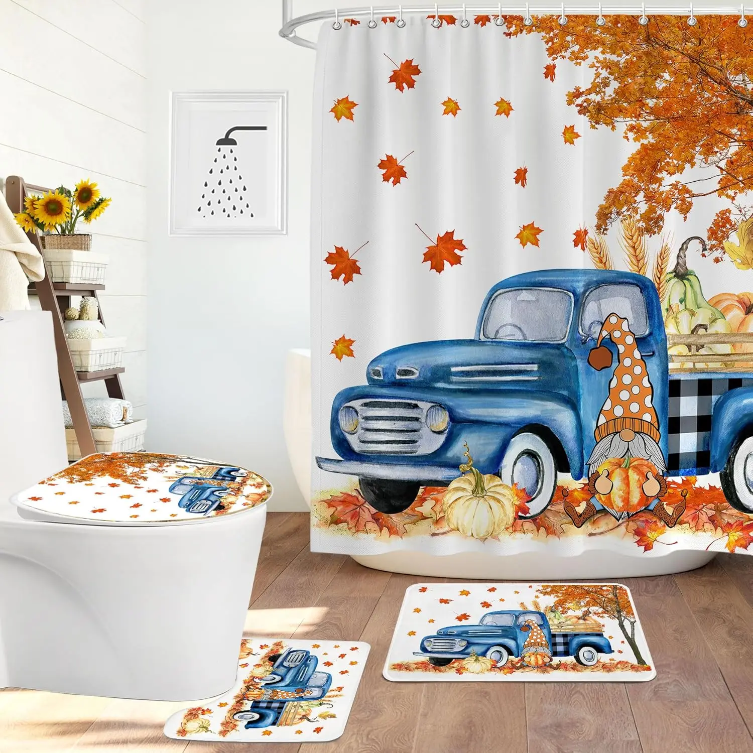 

4pc Fall Bathroom Rug, Fall Bathroom Decor, Bath Rug Set, Toilet Lid Cover, Bluetruck Gnome Shower Curtain 72x72