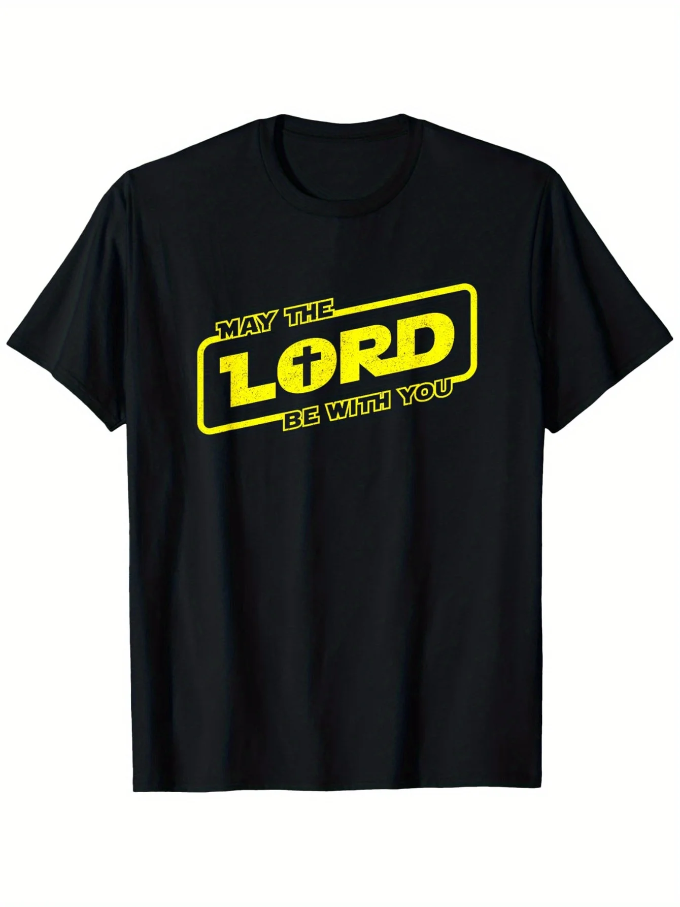 

May the Lord Be with You Christian Faith T-Shirt 100% Cotton Church Shirt Black with Bold Yellow Jesus Design Casual Wear