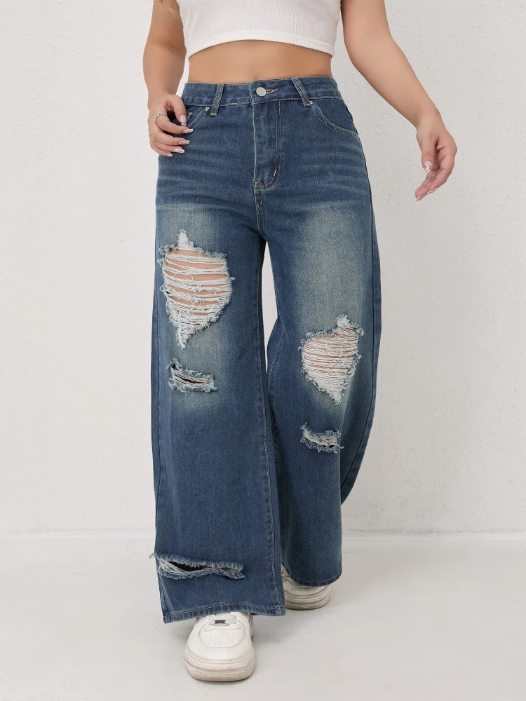 2026年春 レディース ハイウエスト ストレート ルーズパンツ アメリカンレトロ ダメージジーンズ カジュアル ワイドレッグ フルレングスパンツ