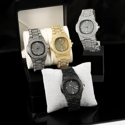 1pc Men Women Quartz Watch Iced Out Hip-hop Punk Full Diamonds Wrist Watch Bundled Size Adjuster Stylish Party Jewelry Gift Box