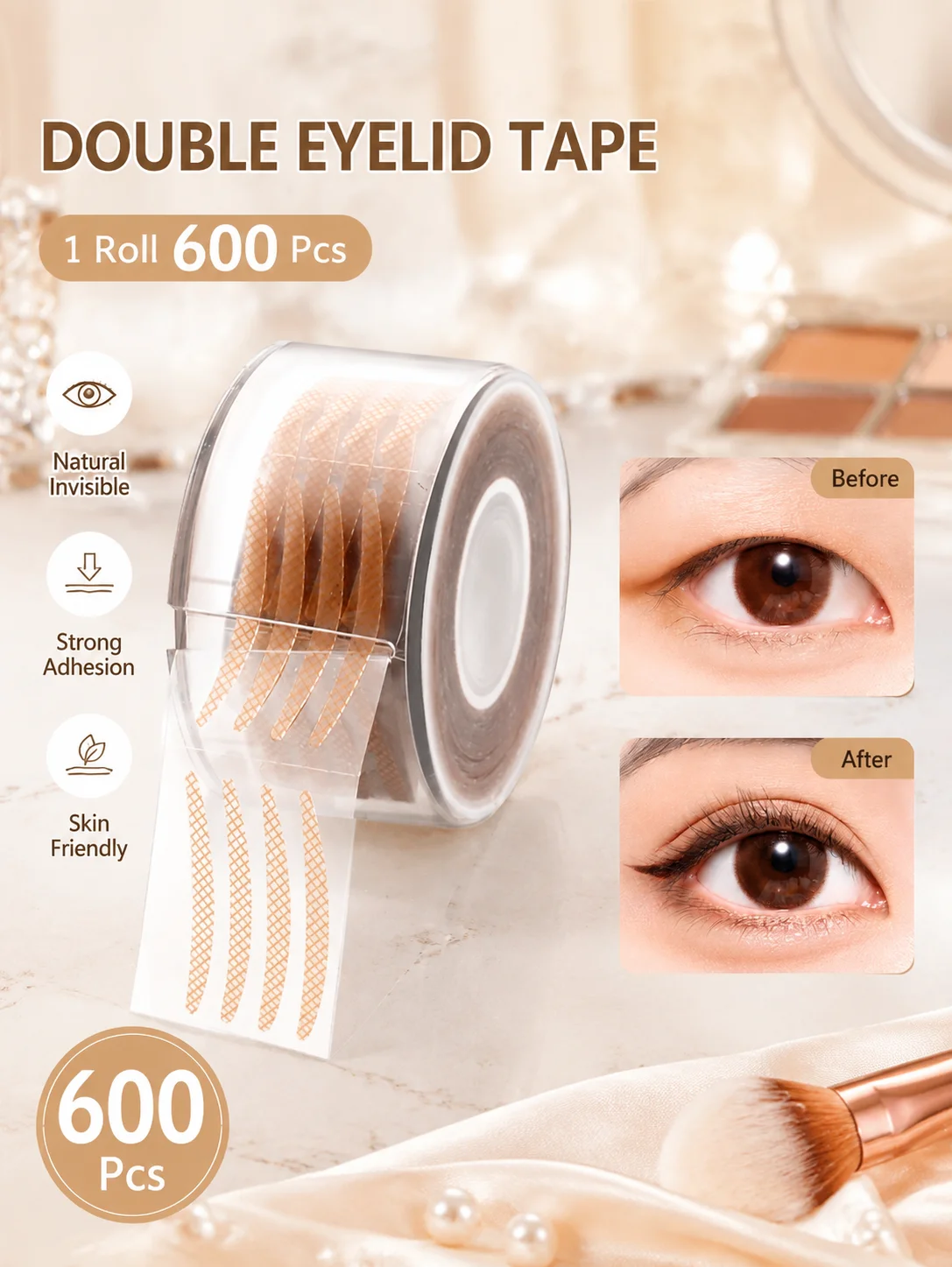 600Pcs Double Eyelid Tape Invisible Thin Roll Natural Makeup Tool Beginners with Free Applicator Professional Eye Lift Sticker