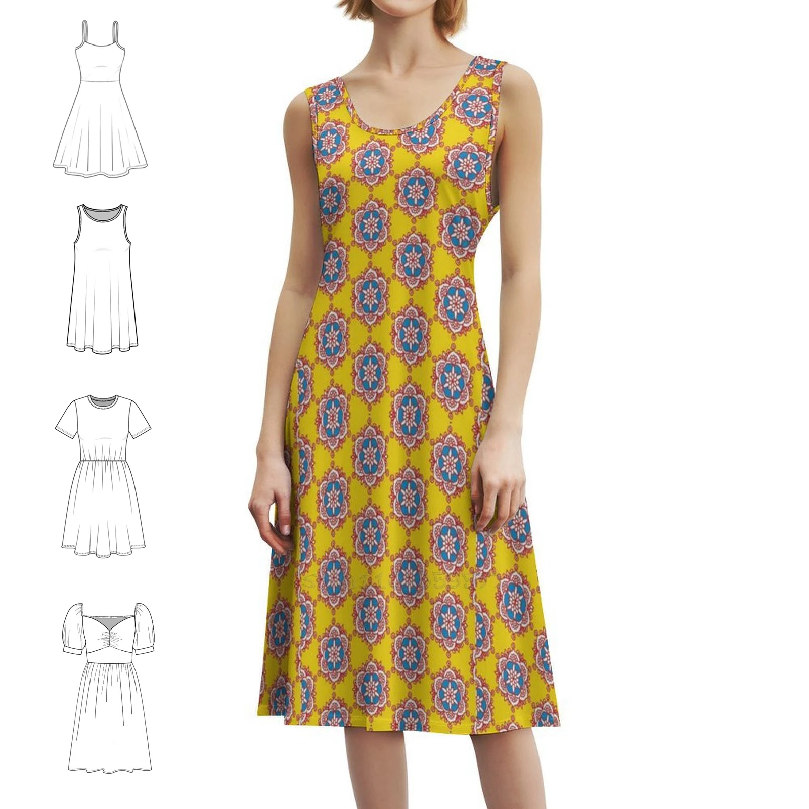 

Rangoli Festive Bohemian Sleeveless Dress Multi-Print Beach Vacation Party Dress Rangoli Festive Rangoli Festive Mandala