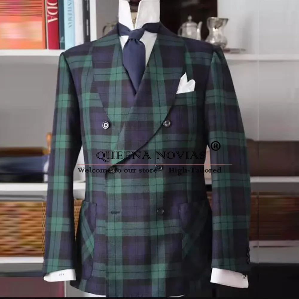 

Elegant Groom Wedding Tuxedos Customized Plaid Check Jacket Pants 2 Pieces Man Business Dinner Party Double Breasted Suits Men