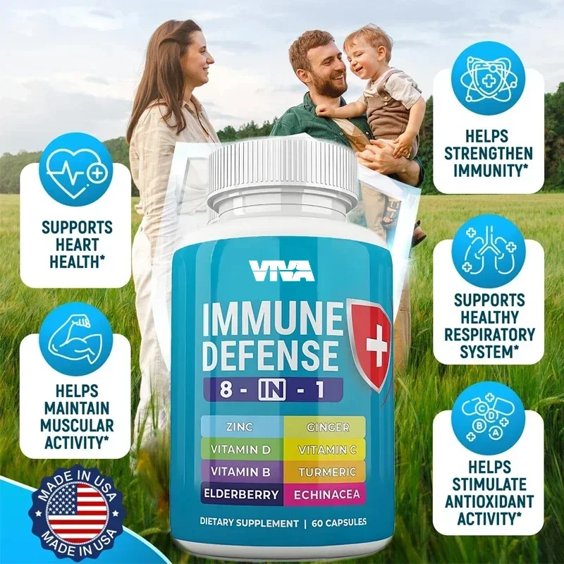 

Immune Support 8-in-1 Capsule - Zinc Vitamin D3 5000 IU Vitamin C Elderberry - Containing Echinacea Ginger Root and Turmeric