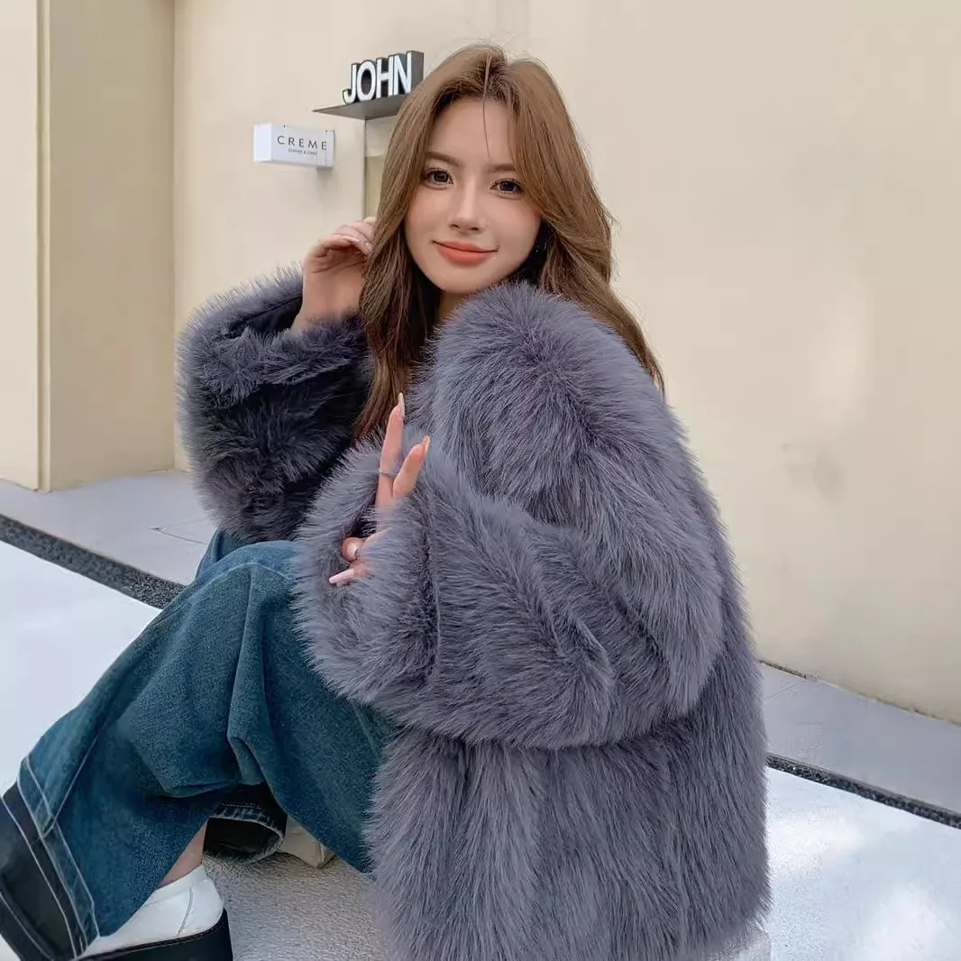Fall/Winter 2024 Grey Toca Fox Fur Grass Fur Coats Double-breasted Women's Plus Size Loose Plush Clothes