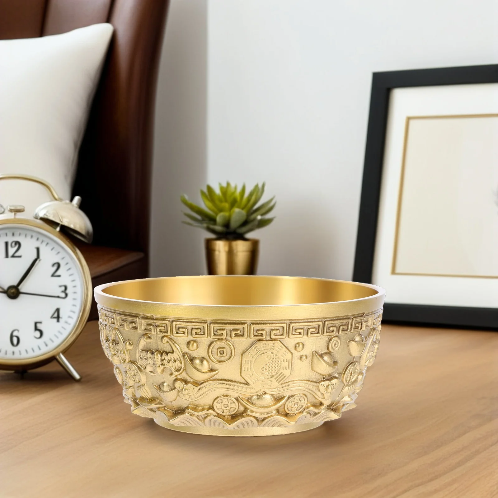 

Brass Treasure Bowl 8Cm Chinese Style Golden Tone Desktop Decoration For Home Office Shop Tabletop Adornment Candy Bowl
