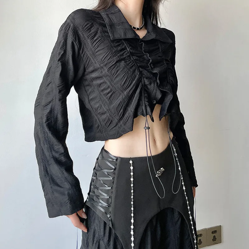 HKSH Women Chic Shirt Drawstring Pleated Long Sleeve Turn-down Collar Single Breasted Casual Short Top New Spring Summer HK21739