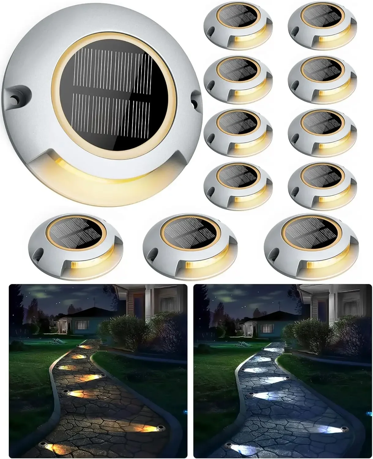 Solar Driveway Lights Outdoor Waterproof,2 Color Modes Outdoor Solar Deck Dock Warning Step Lights for Driveway Marker Sidewalk