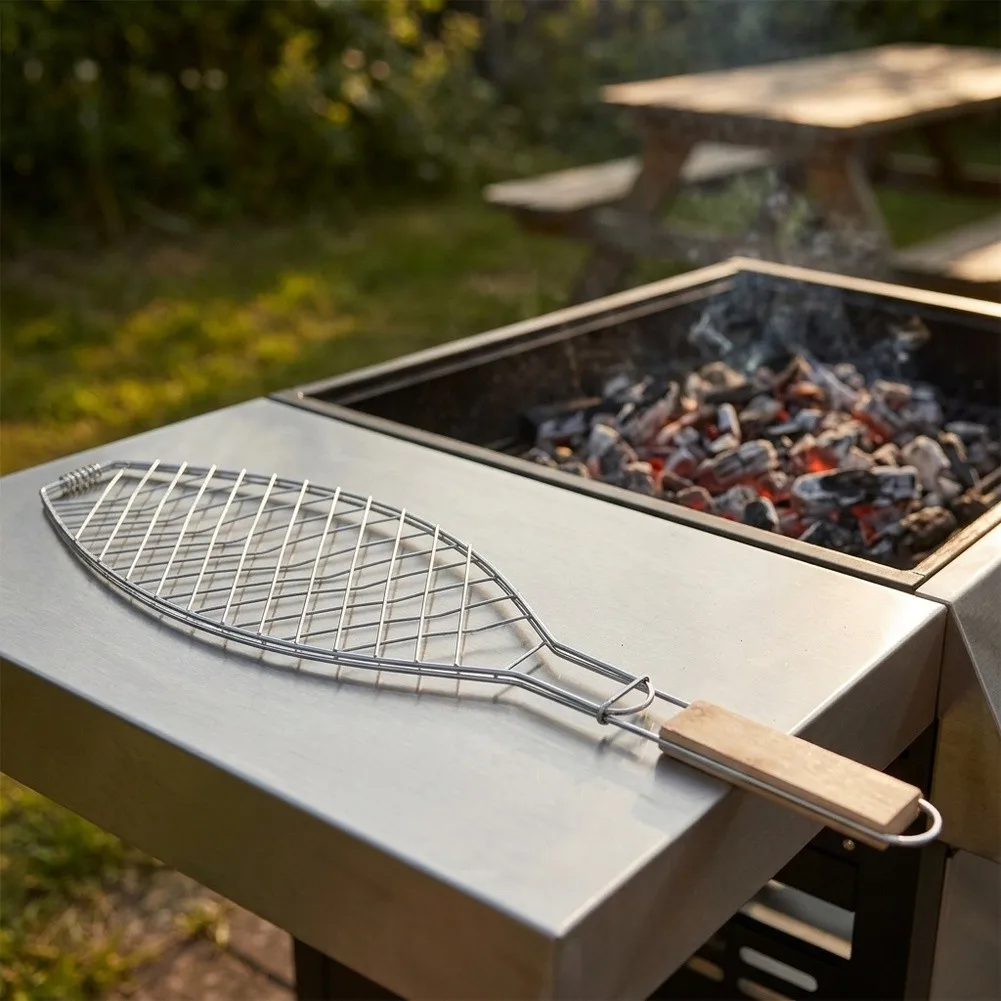 Sturdy Iron Grill Basket with Non-stick Coating and Wooden Handle Designed for Outdoor BBQ Camping and Picnic Cooking Activities