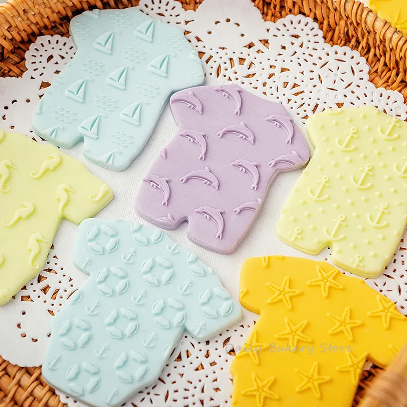 Baby Shower Party Cookie Embosser Mold Cartoon Sea/Star/Sailboat/Wave Dolphin Texture Pattern Fondant Cake Biscuit Press Stamp