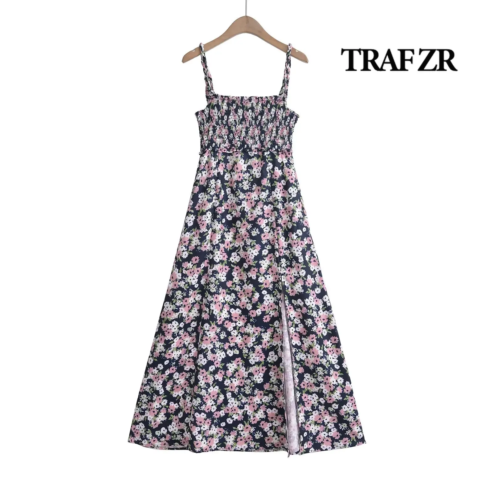 

TRAF ZR Summer Dresses for Women 2024 Robes Midi Sleeveless Vintage Woman Flower Camisole Elegant Vacation Outfits Female Dress