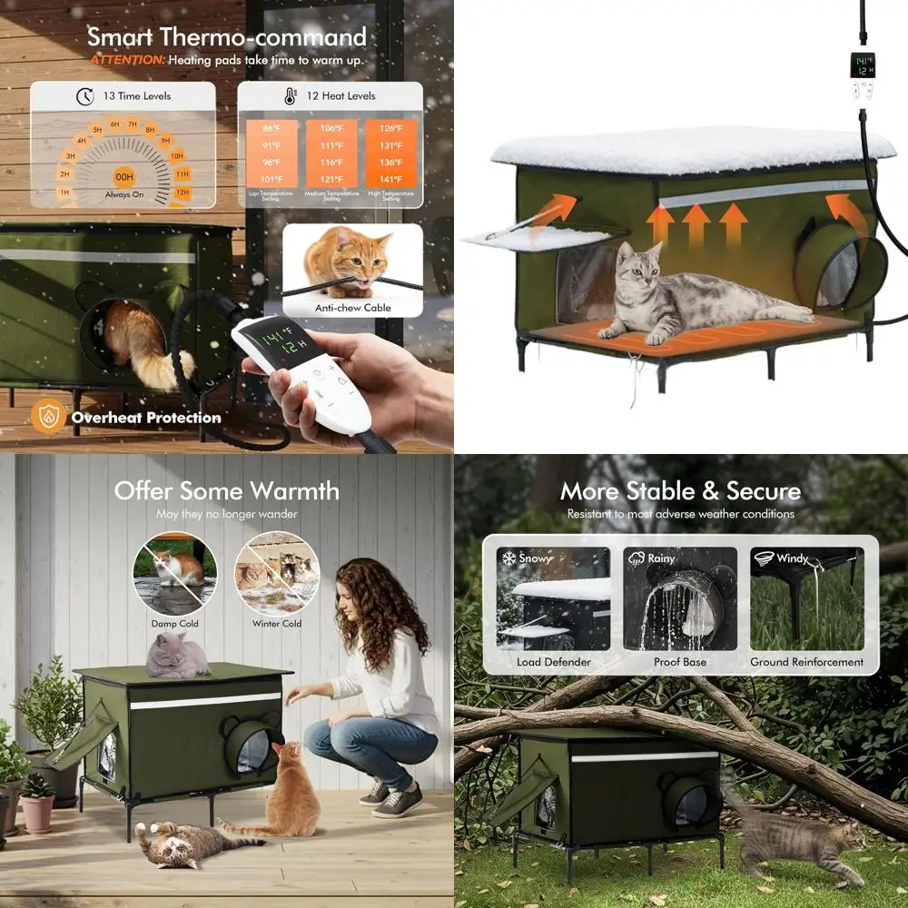 

Elevated Weatherproof Insulated Outdoor Cat Shelter with Timer-Controlled Heating Pad for Winter Use