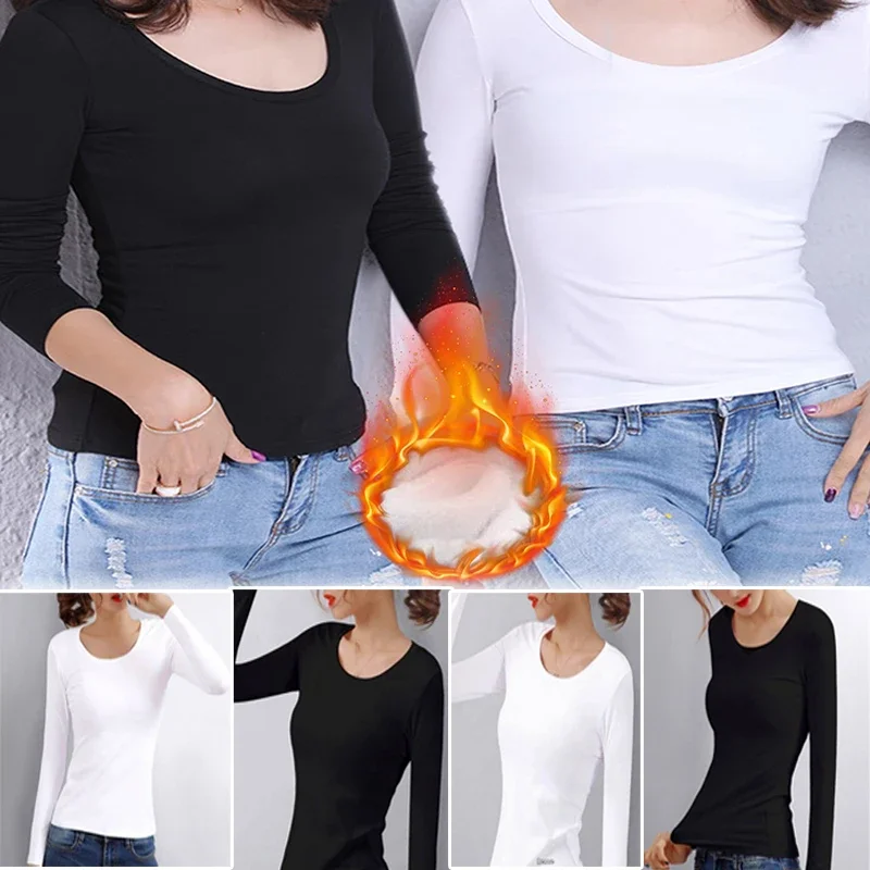 Winter Bottoming Shirt Women Thermal Underwear Solid Color German Velvet Long-Sleeved Basic T-Shirt Heating Fiber Thermal Top