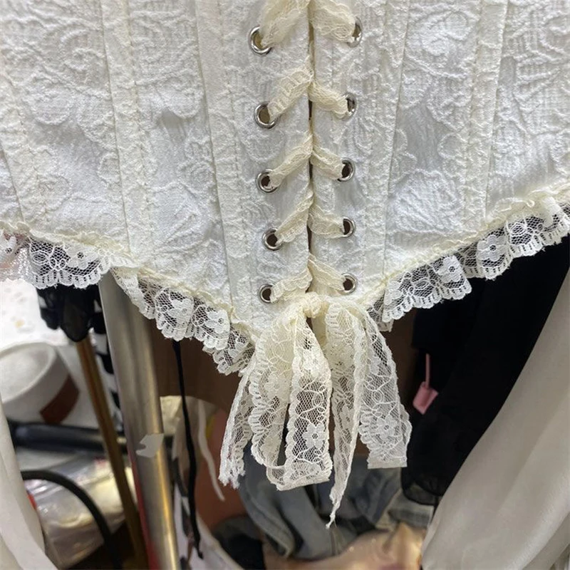 Blusa Elegante de Encaje con Parches para Mujer, Blusa de Gasa Transparente con Cordones en la Cintura, Estilo Princesa, Primavera-Otoño, Estilo Corte, Top Sexy