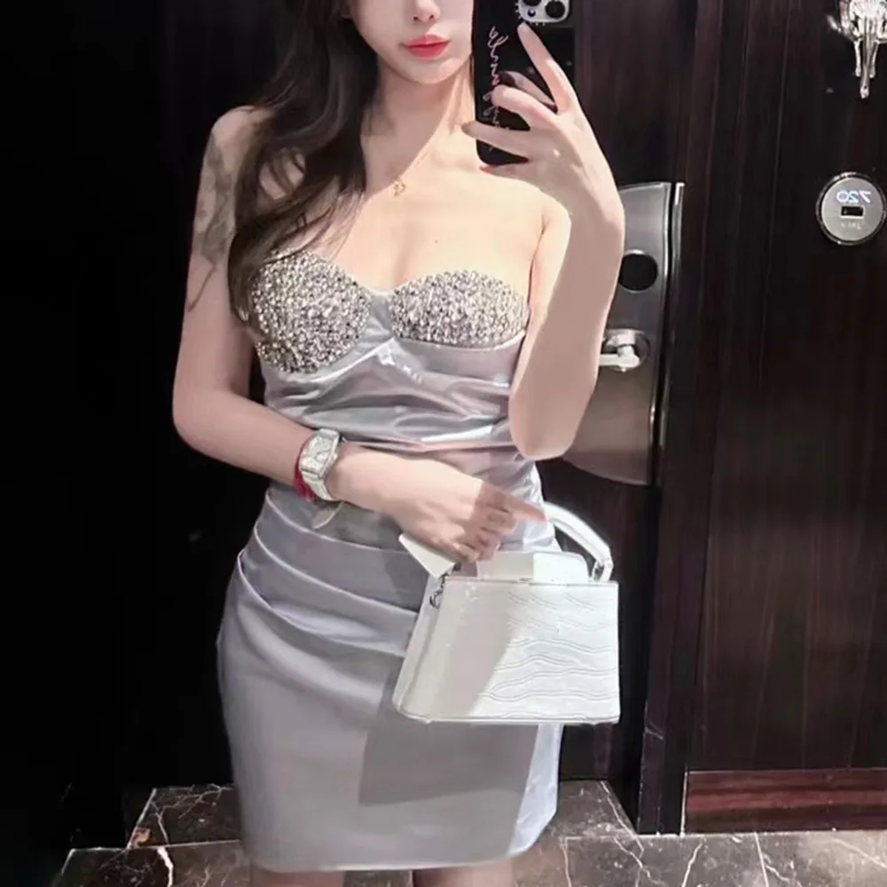 TWOTWINSTYLE Slimming Spliced Diamonds Dresses For Women Strapless Sleeveless Patchwork Folds Sexy Chic Dress Female Fashion New