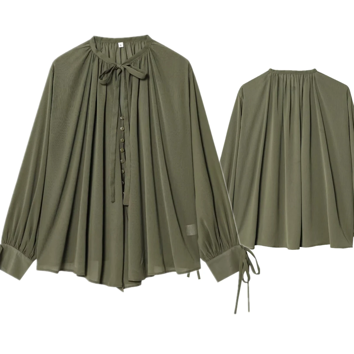 

Maxdutti Minimalist Army Green Chiffon Shirt Autumn French Fashion Women's Long Sleeve Pleated Shirt Kimono Blouse Women Tops