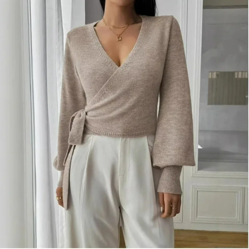 

Утолщенный топ с длинными рукавами и рукавами-фонариками, элегантный короткий трикотаж, женский базовый слой с перекрестным v-образным вырезом, осень-зима, нерегулярный галстук