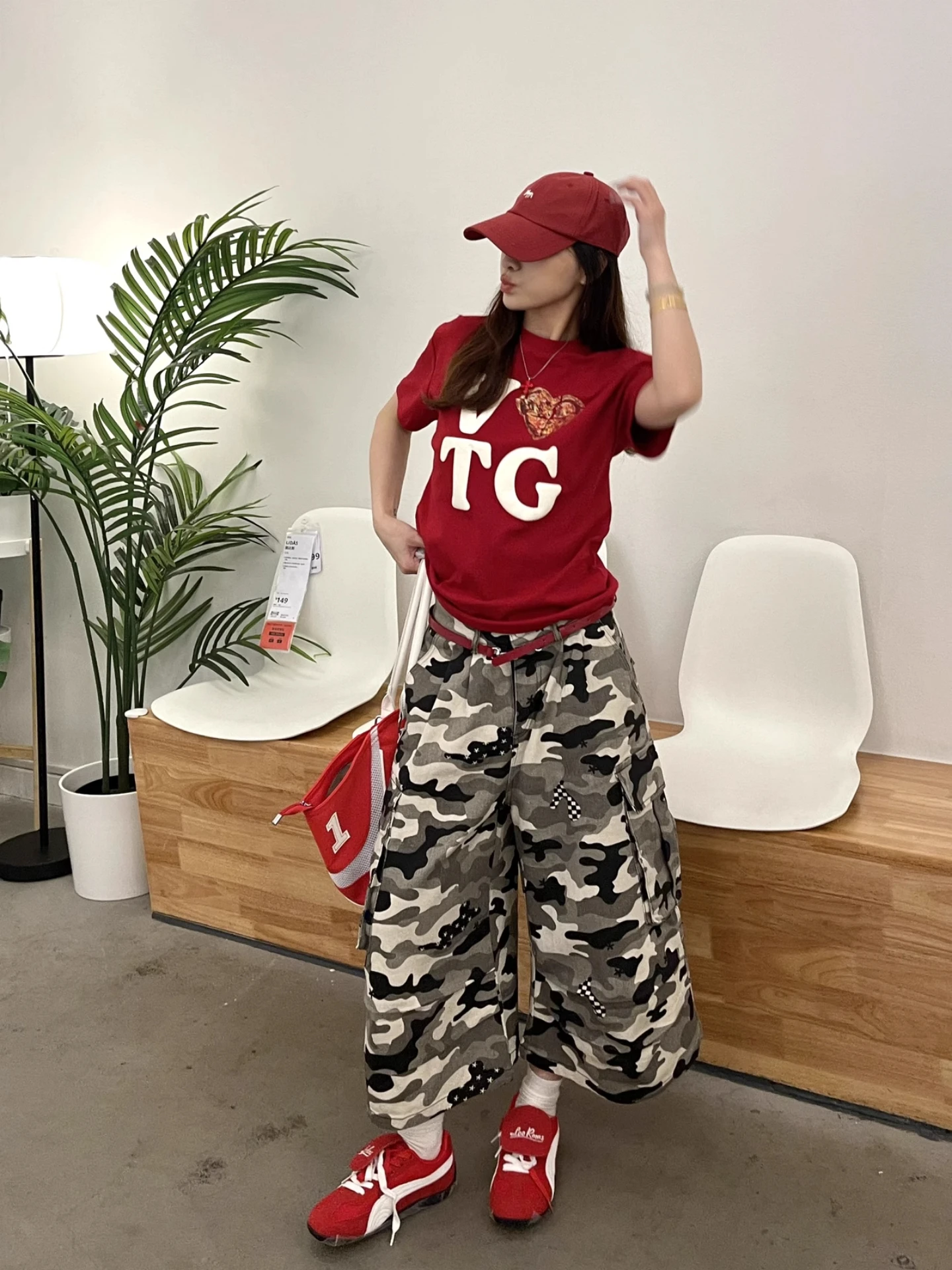 

American Retro Camouflage Workwear Seven-Foot Women's Summer Wide-Leg Eight-Pocket Straight-Beam Short Jeans Casual Denim