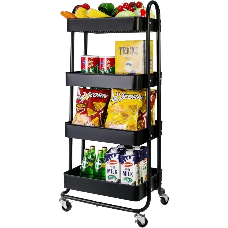 4-Tier Metal Mesh Utility Rolling Cart, Storage Organizer Trolley Services Cart with Lockable Wheels for Kitchen, Bathroom