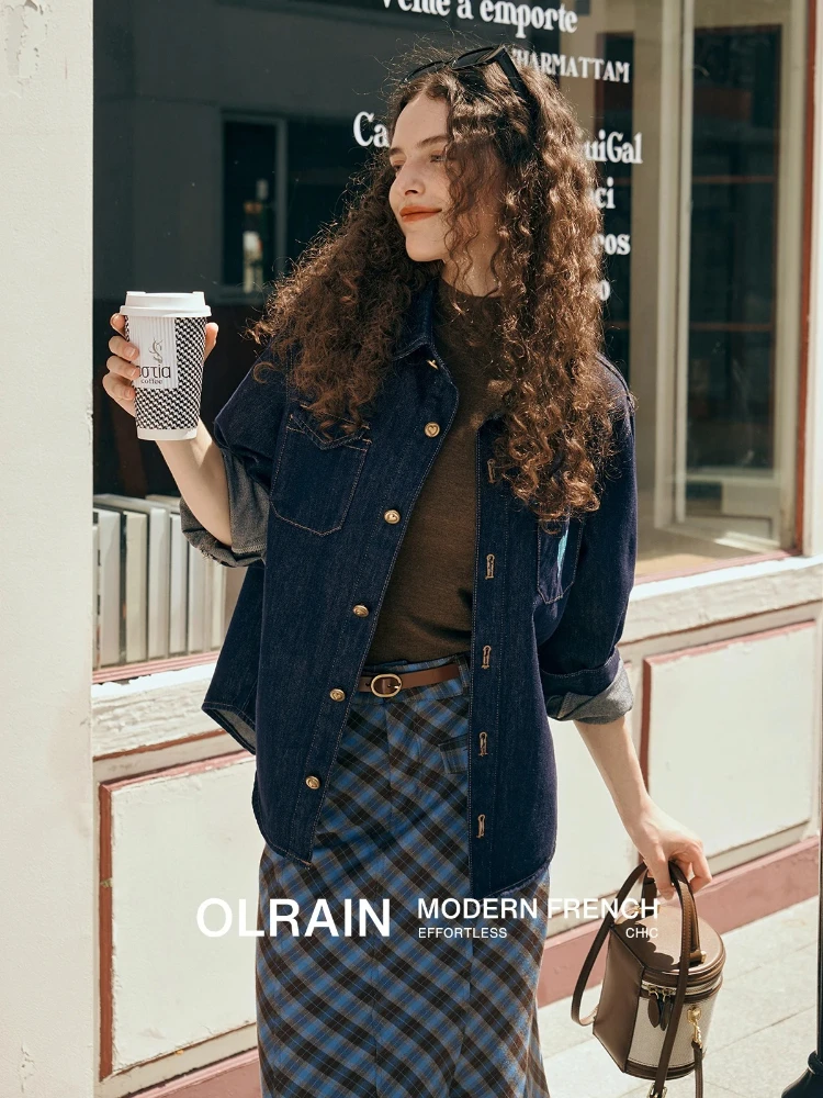 OLrain 여성 데님 셔츠 가을 2025 신상 빈티지 셔츠 재킷 순면 캐주얼 긴팔 여성 셔츠 & 블라우스 O57QC85500