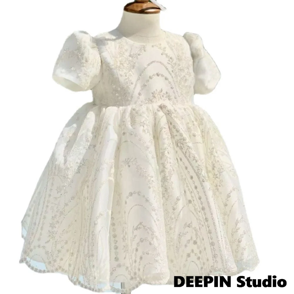 Girls Pearl Embroidered Princess Dress  2024 Summer New Children Baby Dress Flower Girls Dress Piano Playing Host Princess Dress