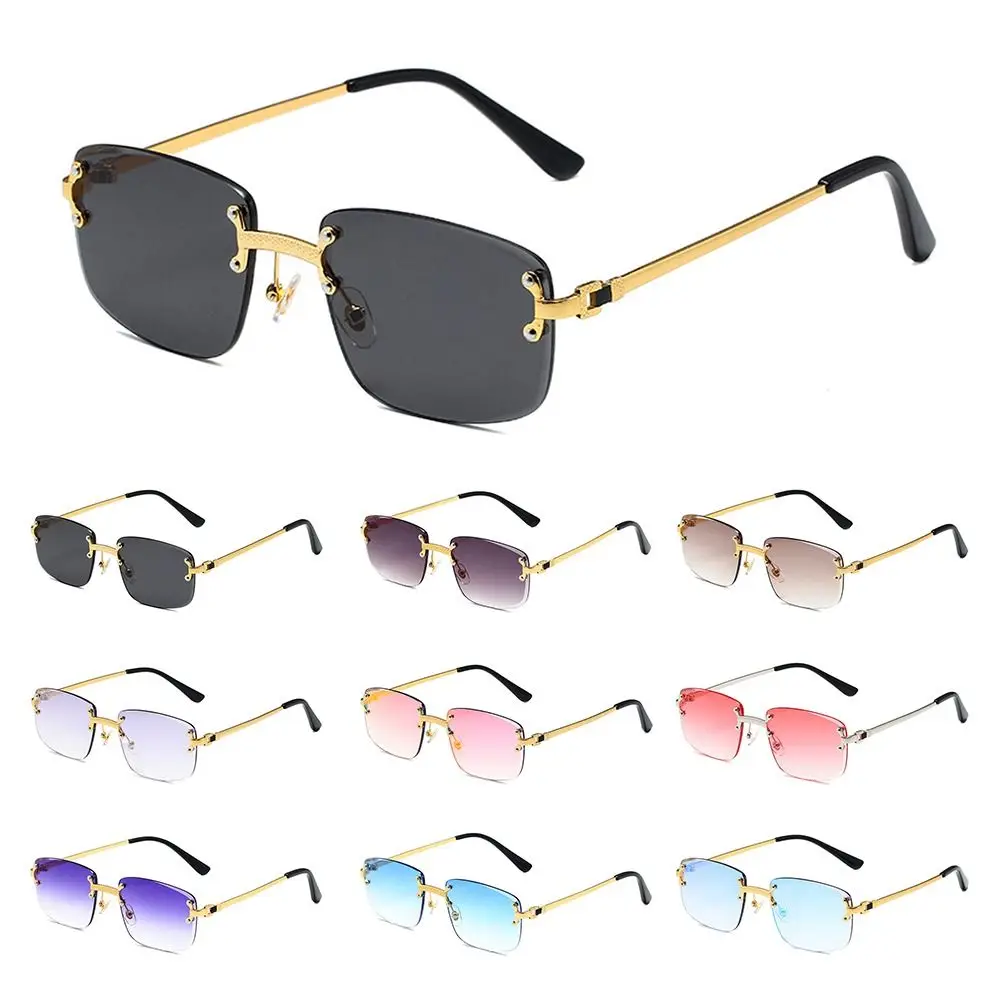 

Rimless Cut Edge Rectangular Sunglasses High Quality UV Protection Spring Leg Sun Glasses Gradient Lens Shades for Women & Men