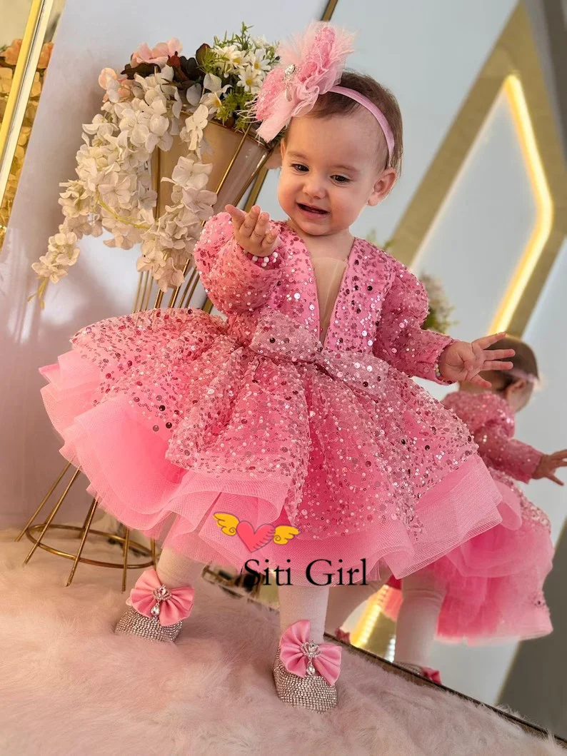 Robe princesse rose pour bébé fille, tenue de concours de beauté, en Tulle, pour première fête d'anniversaire