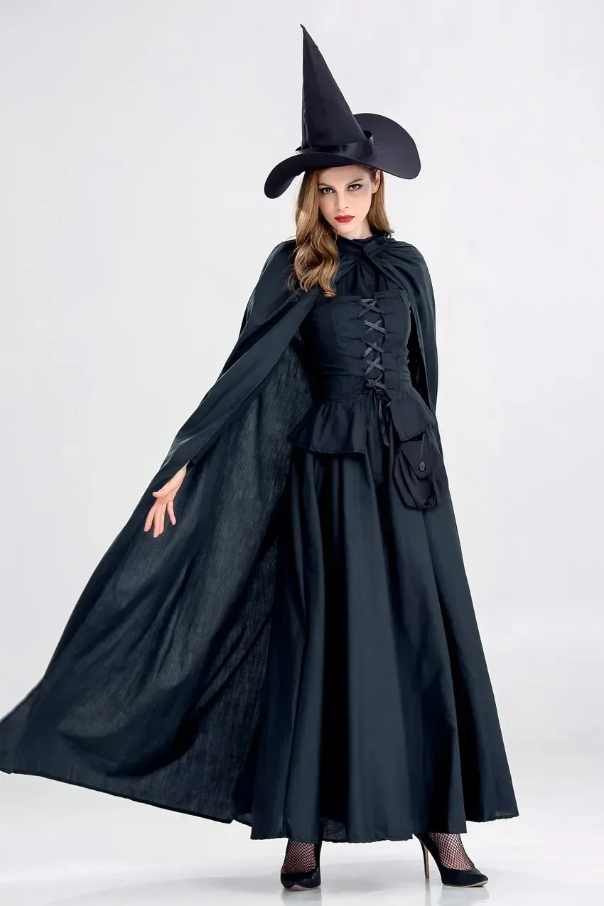 Volwassen Vrouwen Halloween Heks Gothic Kostuum Lange Gewaad Jurk Zwart Cosplay Vintage Mantel Fancy Outfit