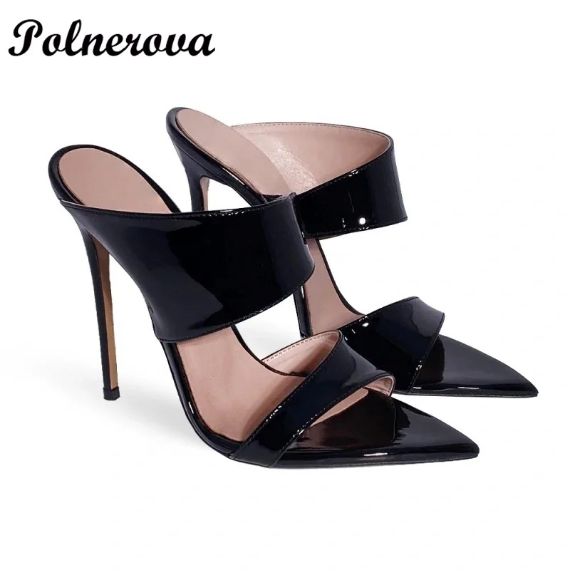 

Pointy Toe Stiletto Heels Mules Slippers Patent Leather Slip-On Pumps Women Shoes Luxury Designer Sandalias De Mujer Verano