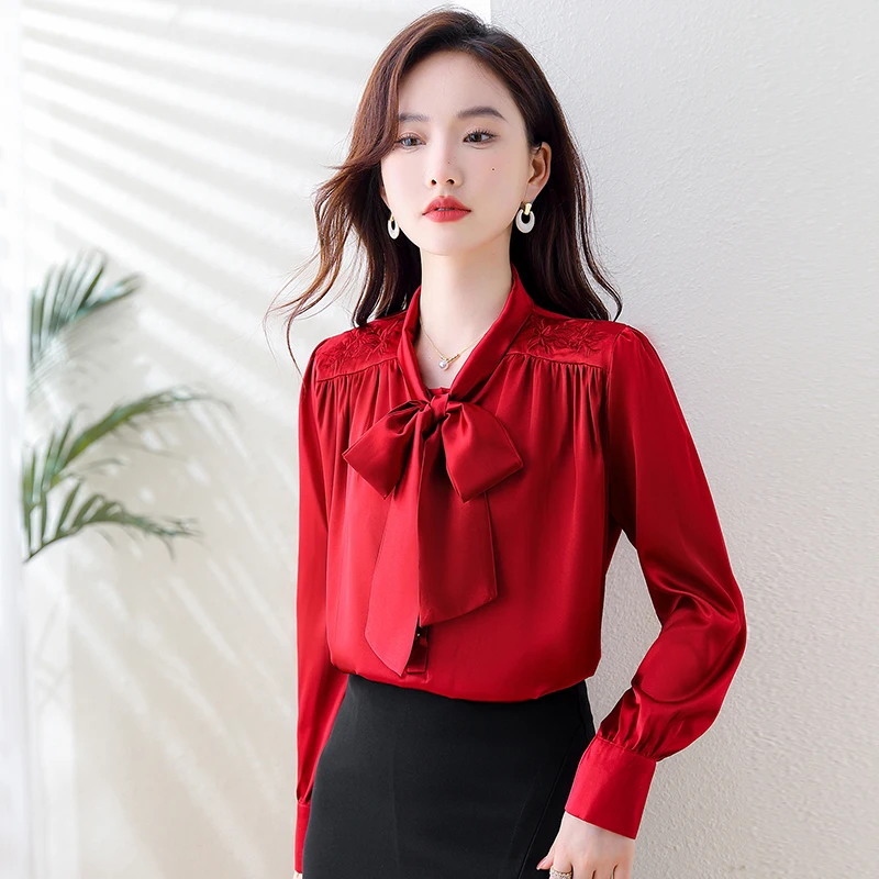 Fashion Long Sleeve Bow Collar Women Blouse Bow Black White Chiffon Blouse Shirt Women Tops Blusas Para Mujer Blusa Shirts H398