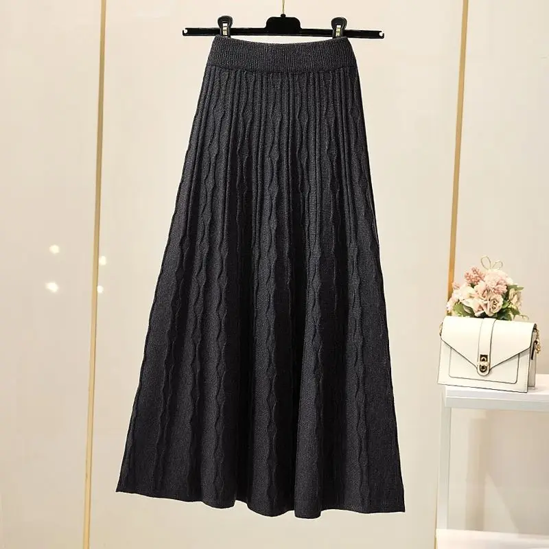 Solid color mid-length skirt women spring and autumn high waist thin knitted skirt a-line swing winter skirt wool long skirt