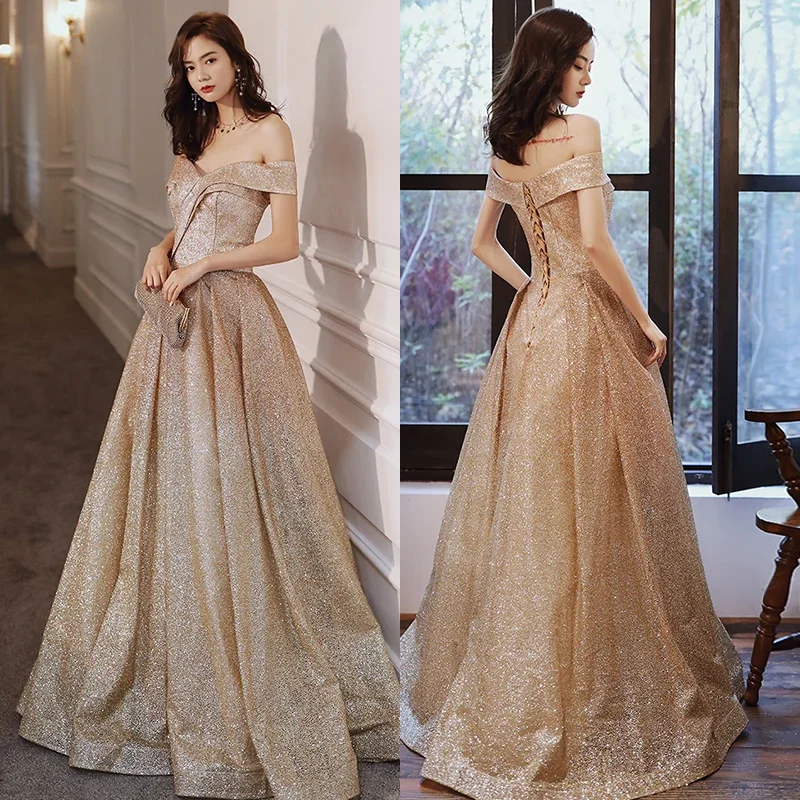 

Evening Dresses Simple Golden Bling Off the Shoulder Lace up Pleat A-line Floor-length Plus size Woman Formal Party Gowns A141