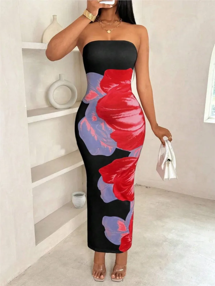 

2025 Summer New Elegant Fashionable Printed Long Dress Women's Sleeveless Sexy Slim Fit Chest Wrapped Off Shoulder Casual Dress