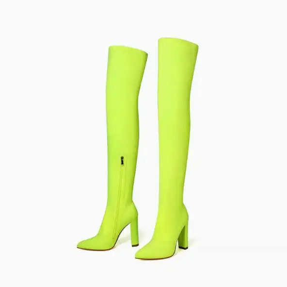 Sexy Solid color Neon yellow green Purple Lycra Thigh Boots 10 cm Block heels Pointed Toe Over the knee Stretch Sock Boots Woman