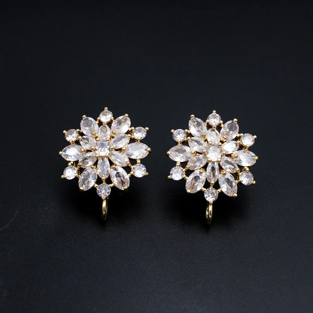 3pair DIY Jewelry Accessories Flower Cluster Ear Posts Studs Black Clear Cubic Zirconia Earrings Linker Connectors