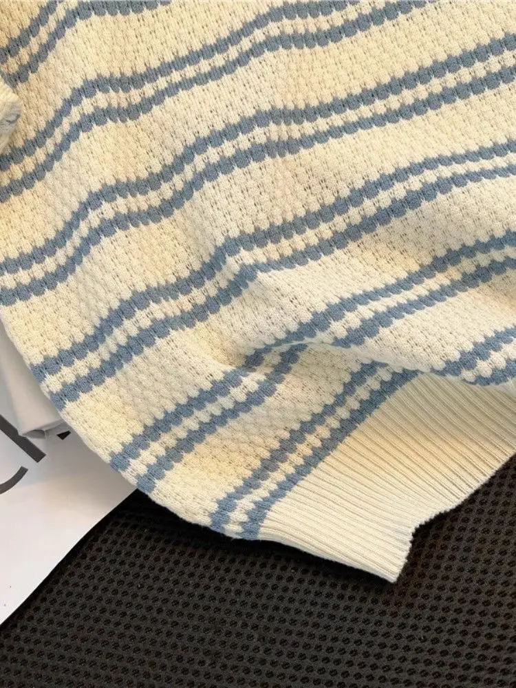 

Color Blo Stripe Ne ort Sve Knitted Top Korean Sle Commute Suitable for 8-24 Years Old Women Summer 2025
