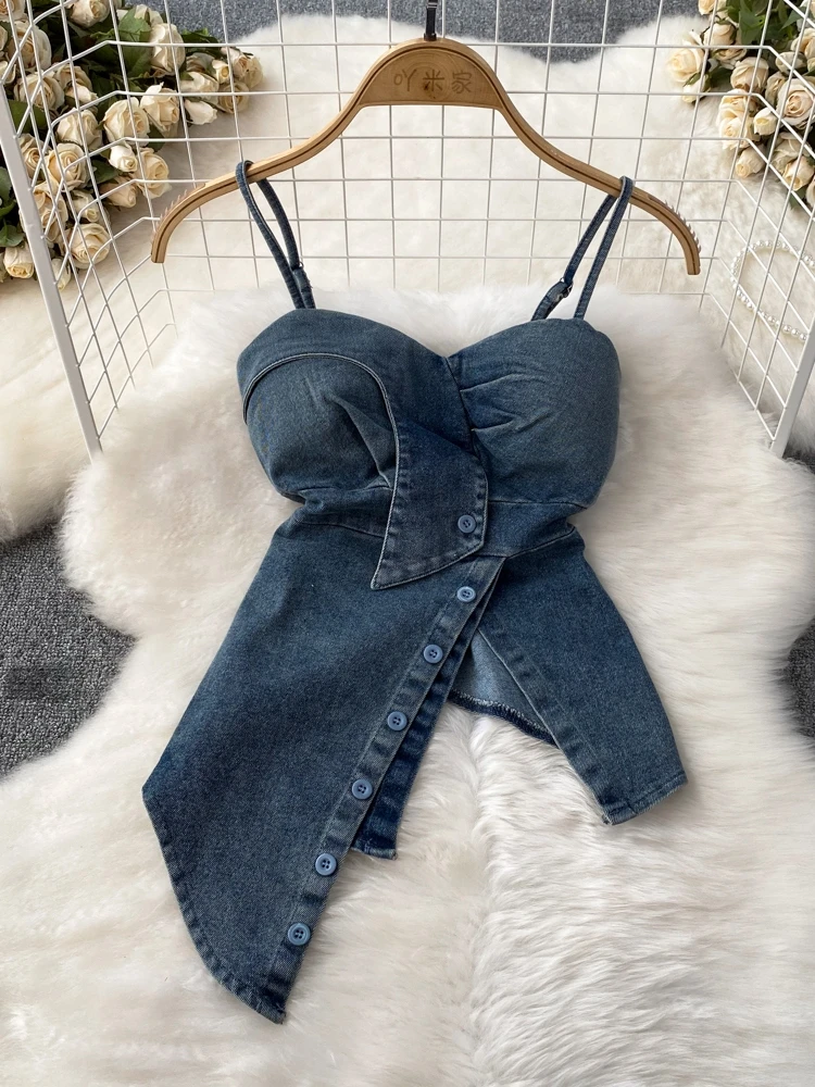 

Slim Fit ort Sve Джинсовый топ-труба Женский моющийся жилет с накладкой на грудь без подушечек Необычный дизайн Повседневный летний топ