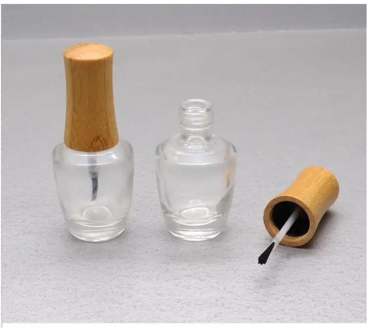 15ml Empty Clear Glass Nail Polish Bottle with Bamboo Cap DIY Cosmetic Liquid Nail Art Container with Brush Makeup tool SN869